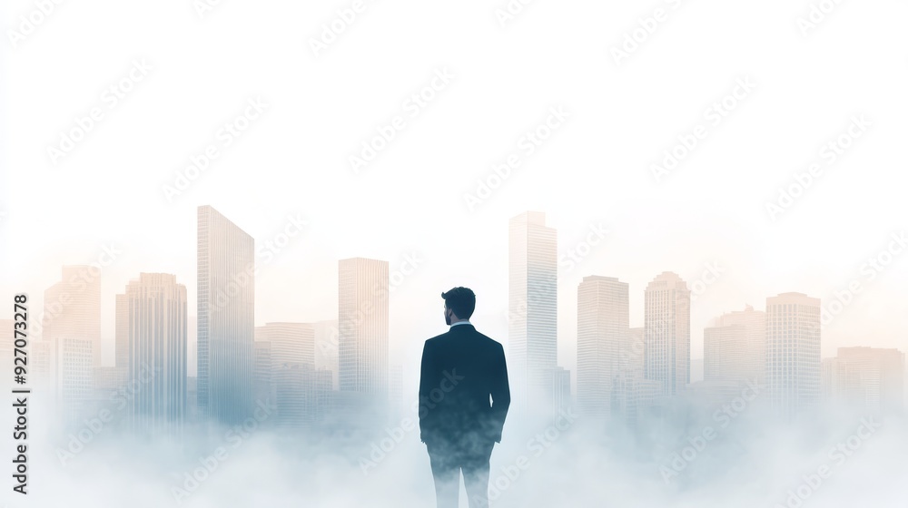 Businessman in Foggy Cityscape with Skyscrapers Businessman in Foggy Cityscape with Skyscrapers