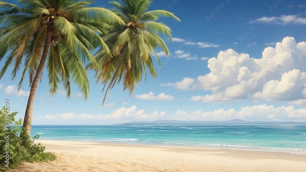 Palm tree with coconuts, swaying in the breeze, on a sandy beach. Palm tree with coconuts, swaying in the breeze, on a sandy beach.