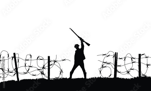 Soldier Battlefield Win Silhouette. Military man with rifle and barbed wire isolated on white