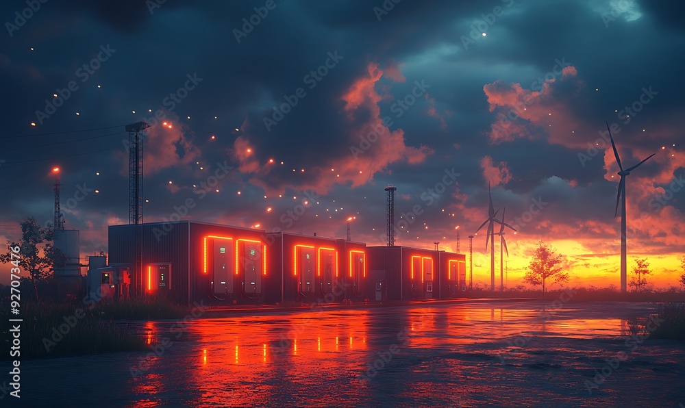 modern battery energy storage system with wind turbines and solar panel power plants in the background at sunset design modern battery energy storage system with wind turbines and solar panel power plants in the background at sunset design