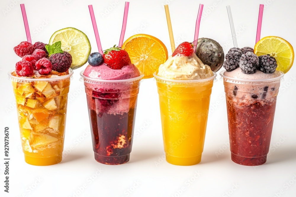 Juices and Floats in Plastic Cup on white background created with Generative AI Juices and Floats in Plastic Cup on white background created with Generative AI