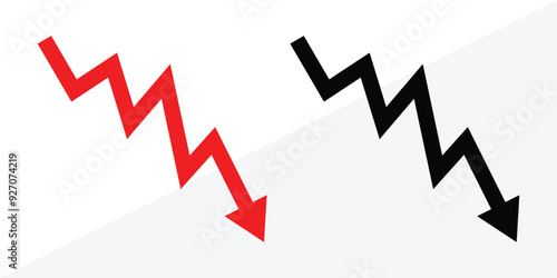 Business share market downfall red arrow. Businessman stick figure character downfall by dollar coin and decrease arrow chart. Business failure, investment loss or market crash crisis in eps 10.