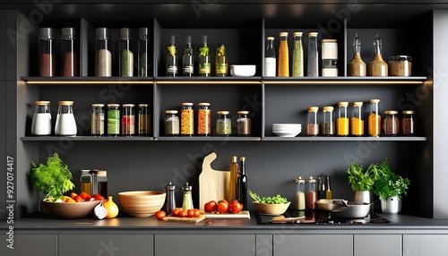 The neat layout of the modern kitchen displays a variety of seasonings and fresh ingredients.