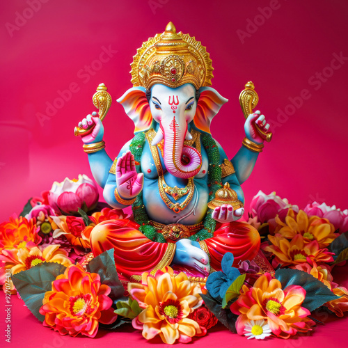 colorful lord ganesha statue on red background