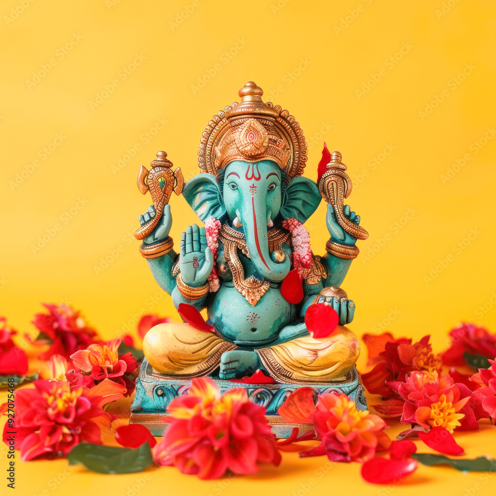 Fototapeta premium Colorful lord ganesha sculpture on yellow background