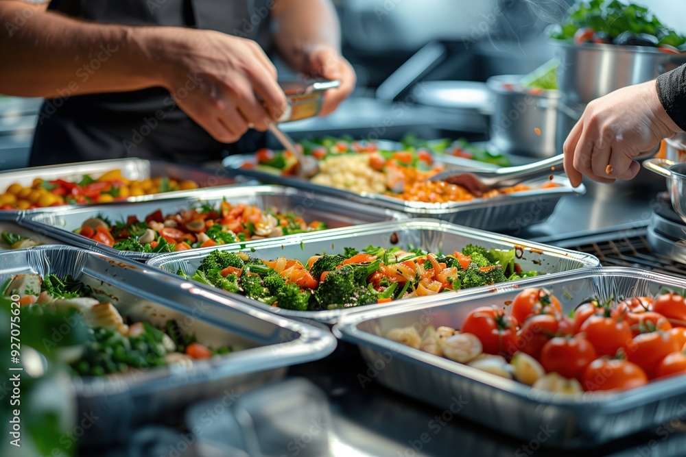 Close-up of a chef's hands preparing a variety of fresh vegetables in aluminum trays. Close-up of a chef's hands preparing a variety of fresh vegetables in aluminum trays.