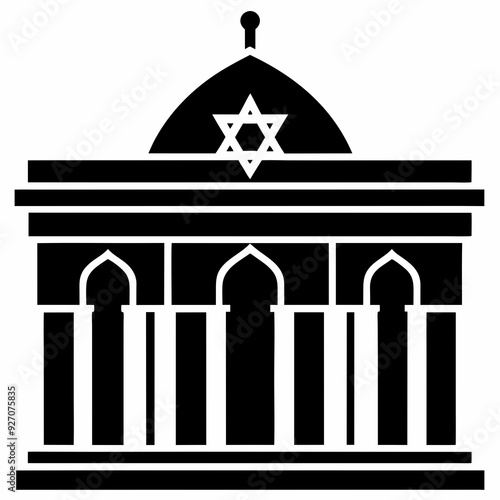 Black Vector Icon of a Jewish Temple: A high-resolution, meticulously designed vector icon representing a Jewish temple, a place of worship for Jews.