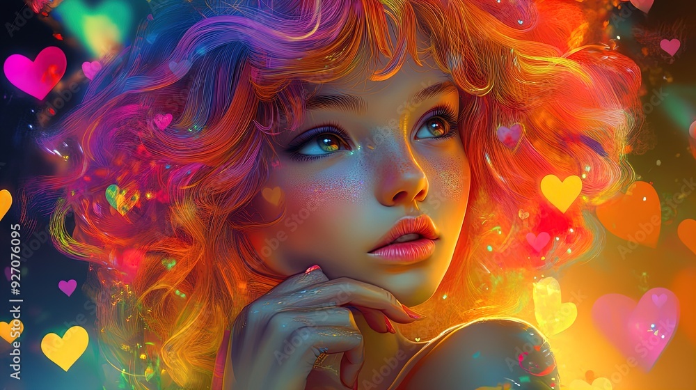 Fototapeta premium Whimsical Fantasy Poster: Vibrant-Haired Girl in Thoughtful Pose Surrounded by Colorful Hearts and Shapes - Perfect for Artistic Home Decor or Youthful Spaces!