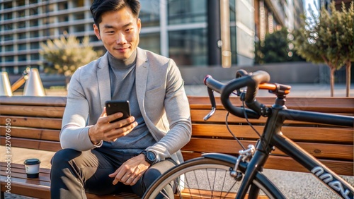 handsome asian man cyclist taking a break resting