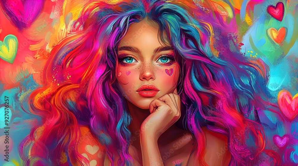 Whimsical Fantasy Poster: Vibrant-Haired Girl in Thoughtful Pose Surrounded by Colorful Hearts and Shapes - Perfect for Artistic Home Decor or Youthful Spaces! Whimsical Fantasy Poster: Vibrant-Haired Girl in Thoughtful Pose Surrounded by Colorful Hearts and Shapes - Perfect for Artistic Home Decor or Youthful Spaces!