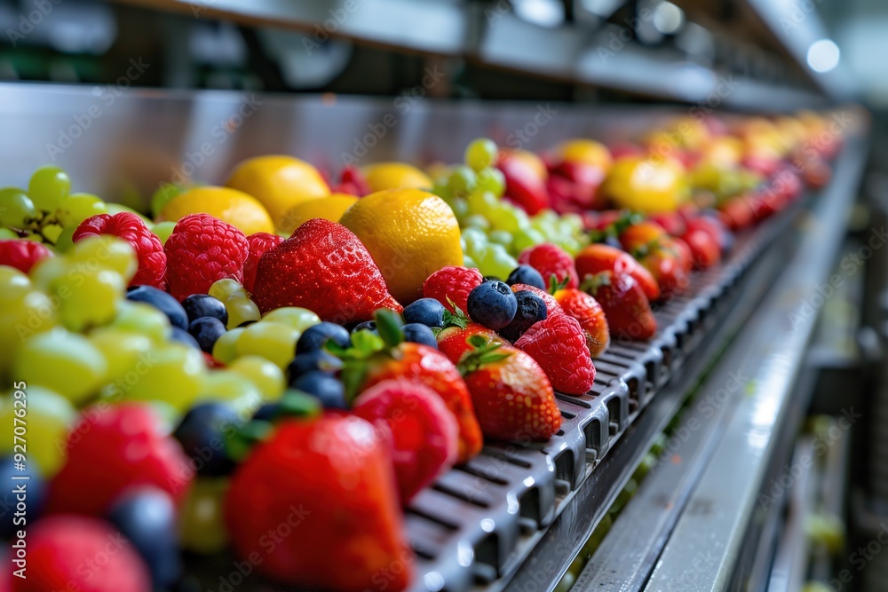 Close-up of mixed berries and lemons on a conveyor belt. Close-up of mixed berries and lemons on a conveyor belt.