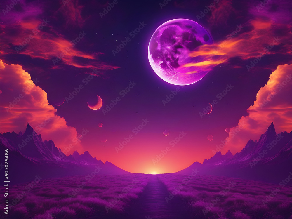Purple Moon Pink Sunset Landscape with Red Clouds Purple Moon Pink Sunset Landscape with Red Clouds