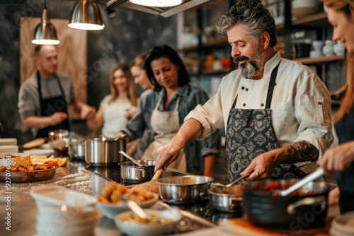 Middle-Aged Friends Cooking Class - Learning Homemade Sauces with Professional Chef Instruction