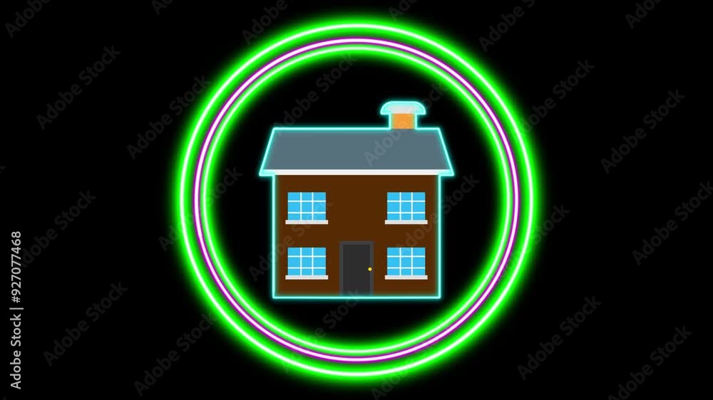 House icon design with neon glow line and circle shape on black background House icon design with neon glow line and circle shape on black background