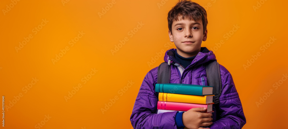 Confident Schoolboy in Purple Jacket Holding Colorful Books with Orange Background for Education Themes Confident Schoolboy in Purple Jacket Holding Colorful Books with Orange Background for Education Themes
