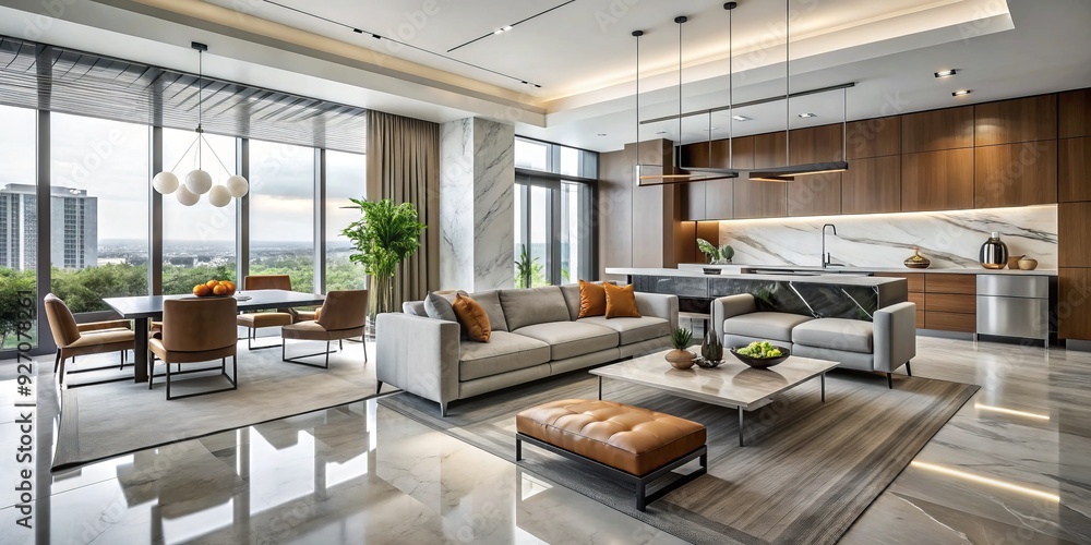 Sleek Contemporary Haven with Minimalist Lines, Polished Marble, Brushed Steel, and a Bold Color Scheme Illuminated by Bright, Natural Light. Sleek Contemporary Haven with Minimalist Lines, Polished Marble, Brushed Steel, and a Bold Color Scheme Illuminated by Bright, Natural Light.