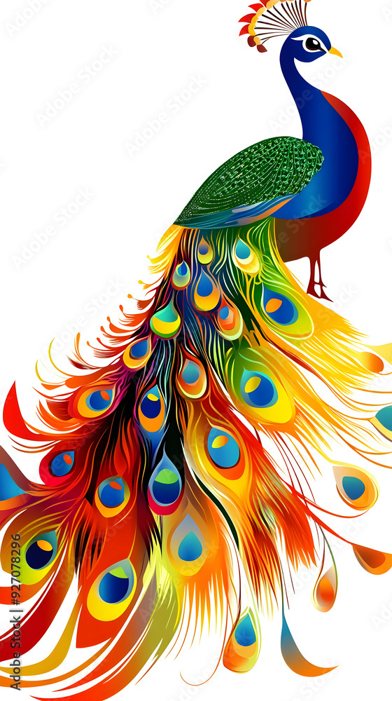 Fototapeta premium Artistic depiction of a colorful peacock against a plain white background.