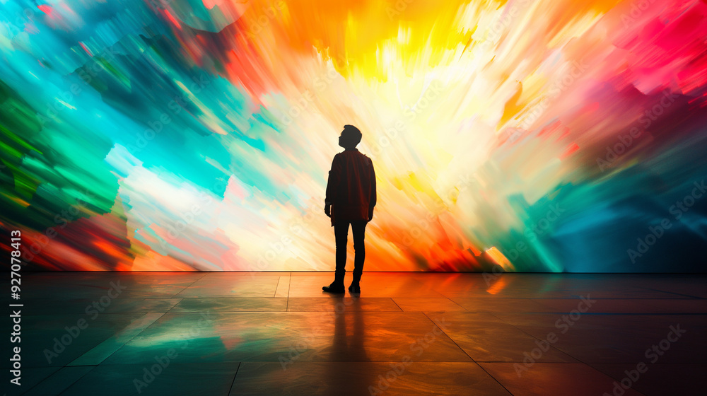 A silhouette of a person standing against a colorful, abstract background of vibrant light, symbolizing creativity and self-expression. Illustrating concepts related to art. Generative AI. A silhouette of a person standing against a colorful, abstract background of vibrant light, symbolizing creativity and self-expression. Illustrating concepts related to art. Generative AI.
