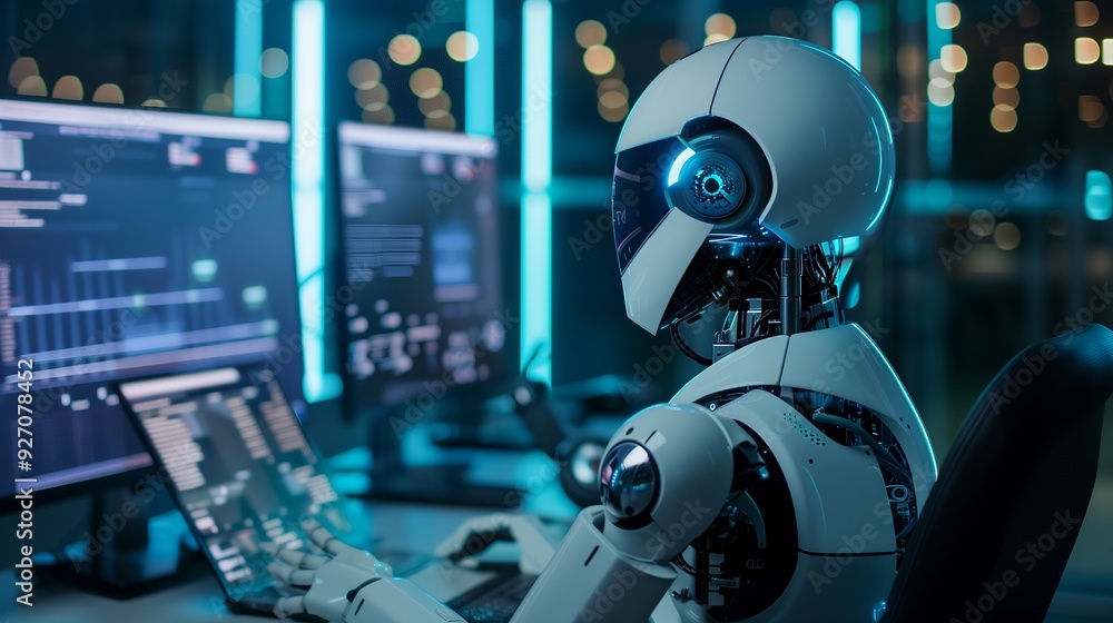 A white humanoid robot sits at a desk using a laptop and looking at a computer screen. The robot has a blue light shining from its eye. A white humanoid robot sits at a desk using a laptop and looking at a computer screen. The robot has a blue light shining from its eye.