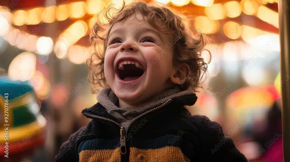 A joyful child laughing with excitement at carnival, surrounded by colorful lights. His expression radiates happiness and delight. A joyful child laughing with excitement at carnival, surrounded by colorful lights. His expression radiates happiness and delight.