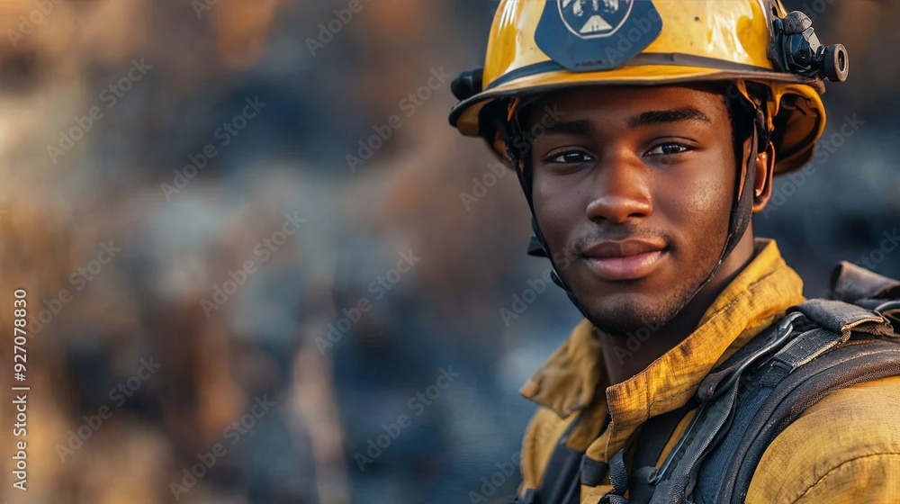 Brave Hero in Action. Young African American firefighter in uniform and helmet standing confidently Brave Hero in Action. Young African American firefighter in uniform and helmet standing confidently