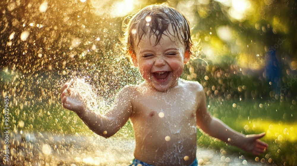 A joyful child splashes in water, expressing pure happiness and delight. sunlight creates magical atmosphere around them. A joyful child splashes in water, expressing pure happiness and delight. sunlight creates magical atmosphere around them.
