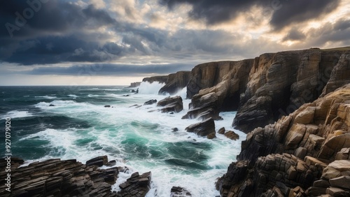 Rocky coastline with waves crashing against the cliffs, dramatic and powerful.-
