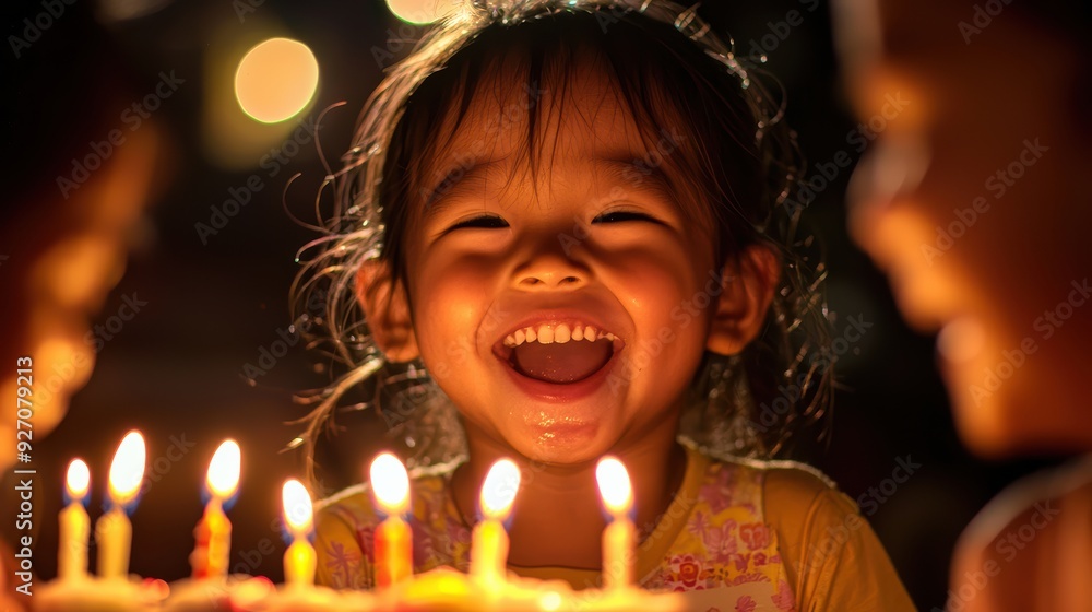 A joyful girl smiles brightly while celebrating her birthday, surrounded by candles. Her happiness radiates in warm glow of lights. A joyful girl smiles brightly while celebrating her birthday, surrounded by candles. Her happiness radiates in warm glow of lights.