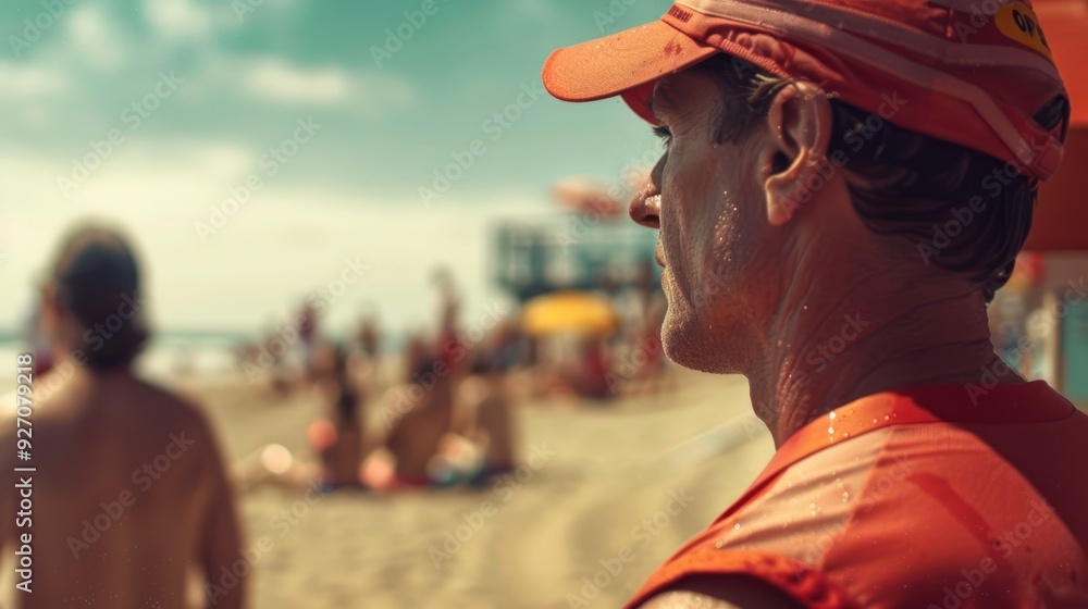Obraz premium A male lifeguard helps to check on the safety of tourists who are having fun swimming together on the beach.