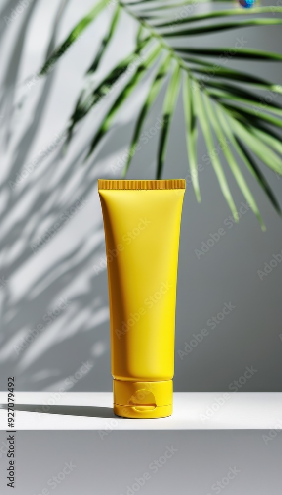 Vibrant yellow lotion tube, minimalist design, casting a playful shadow against a soft gray backdrop, accompanied by delicate palm fronds that evoke tropical vibes. Vibrant yellow lotion tube, minimalist design, casting a playful shadow against a soft gray backdrop, accompanied by delicate palm fronds that evoke tropical vibes.
