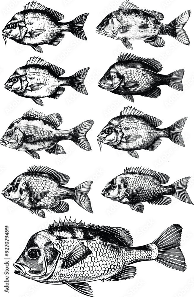 Fototapeta premium Bluegill Fish Set Illustration in Detailed Ink Sketch, Showcasing the Popular Freshwater Species with Vintage Hand-Drawn Precision