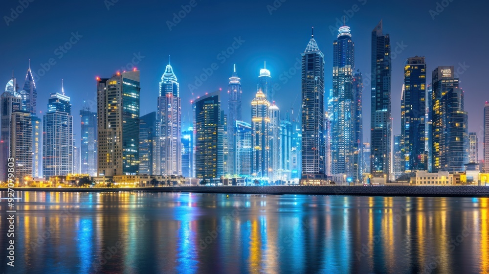 Fototapeta premium High angle view of skyscrapers in the financial and business district at night with lights in a modern big city.