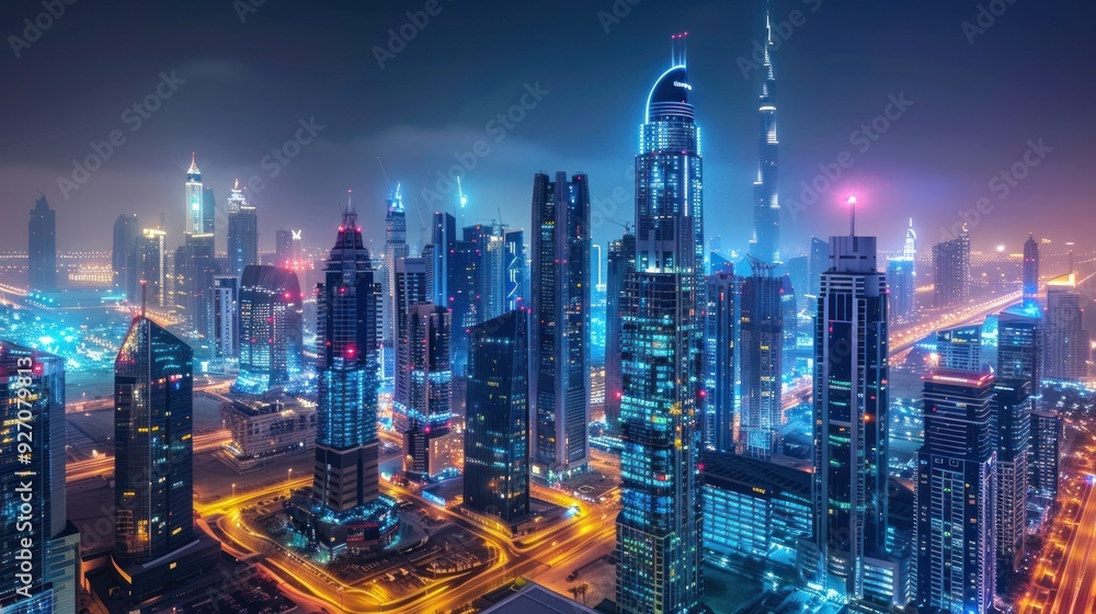 High angle view of skyscrapers in the financial and business district at night with lights in a modern big city. High angle view of skyscrapers in the financial and business district at night with lights in a modern big city.
