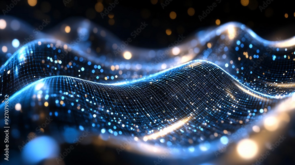 A mesmerizing abstract wave of lights and patterns, creating a captivating digital landscape in shades of blue and gold.