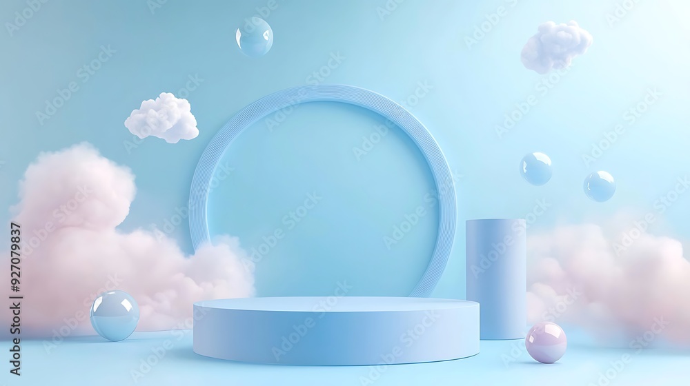 Minimalist blue background with podium and floating orbs. Minimalist blue background with podium and floating orbs.