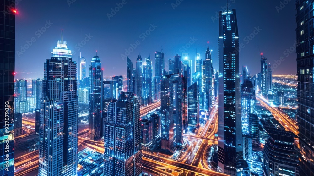 High angle view of skyscrapers in the financial and business district at night with lights in a modern big city. High angle view of skyscrapers in the financial and business district at night with lights in a modern big city.