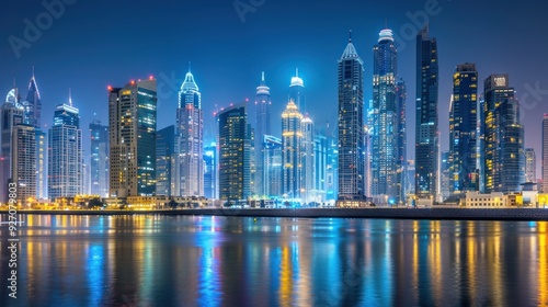 High angle view of skyscrapers in the financial and business district at night with lights in a modern big city.