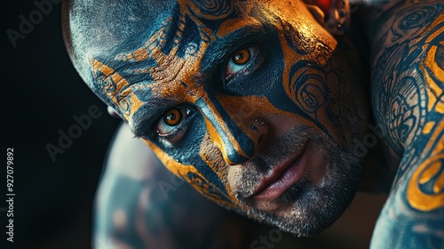 A close up portrait of tattooed man with intricate facial and body art, showcasing mix of blue and orange colors. His intense gaze conveys confidence and strength. 