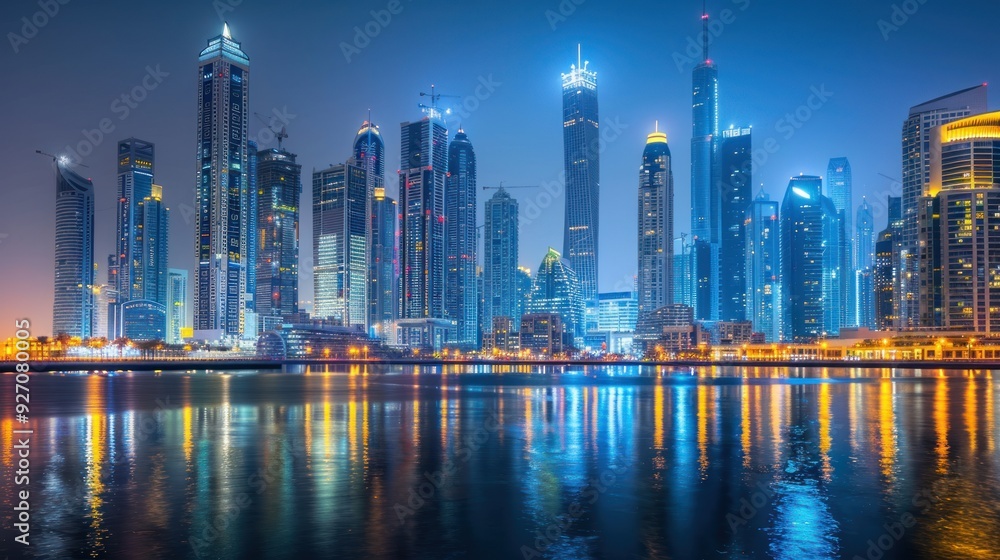 Fototapeta premium High angle view of skyscrapers in the financial and business district at night with lights in a modern big city.