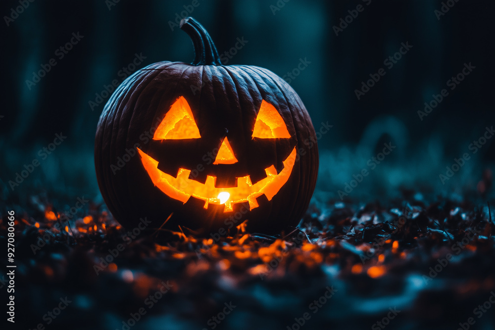 Halloween jack-o-lantern glowing face in the darkness Halloween jack-o-lantern glowing face in the darkness