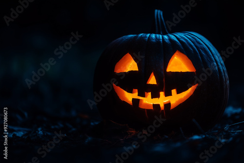 Halloween jack-o-lantern glowing face in the darkness