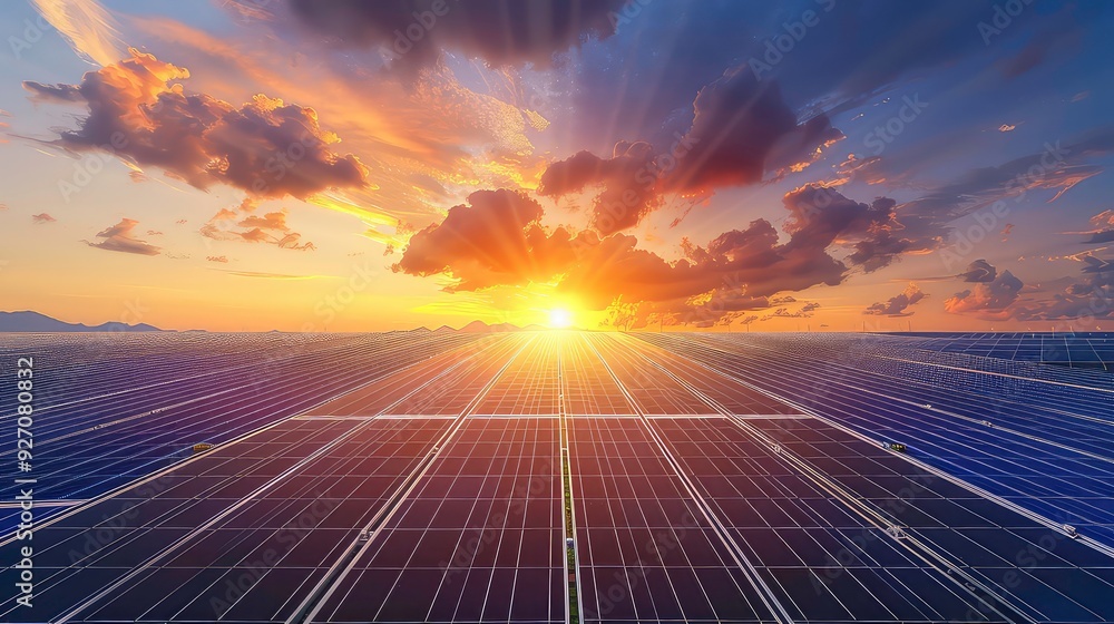 A vast field of solar panels stretches out towards a brilliant sunset, with the sun setting behind a bank of clouds and casting a golden glow over the scene. A vast field of solar panels stretches out towards a brilliant sunset, with the sun setting behind a bank of clouds and casting a golden glow over the scene.