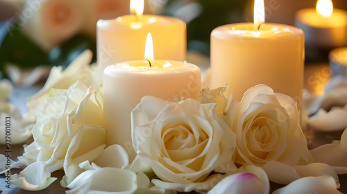 A death notice, a sympathy and condolence card, a funeral memorial, and white candles decorated with roses and other flowers