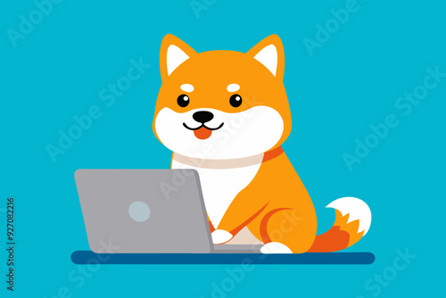  Cute shiba inu dog working on laptop cartoon vector art illustration