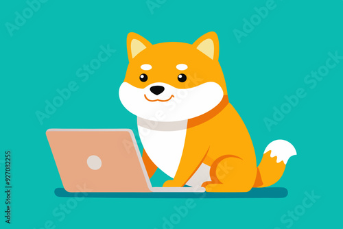  Cute shiba inu dog working on laptop cartoon vector art illustration