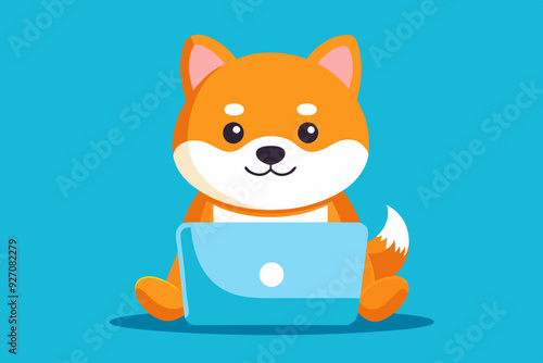  Cute shiba inu dog working on laptop cartoon vector art illustration