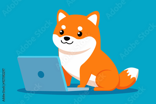  Cute shiba inu dog working on laptop cartoon vector art illustration