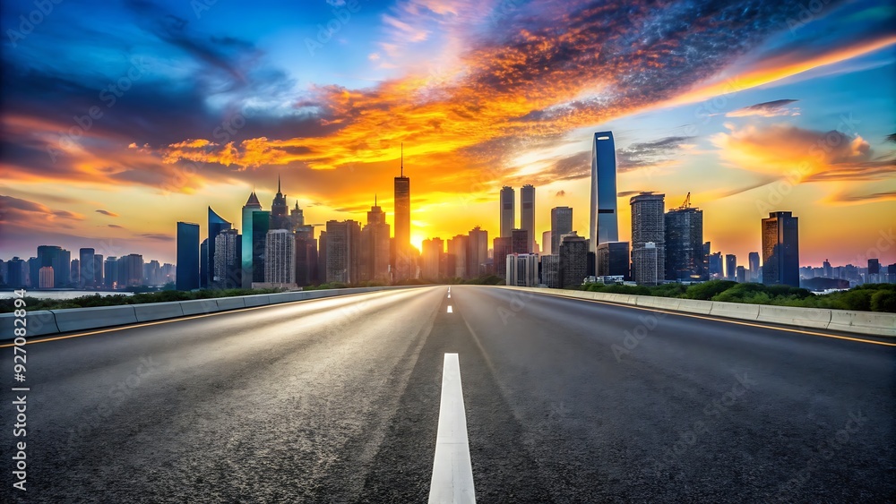Empty Road Leading to Modern City Skyline at Sunset. Empty Road Leading to Modern City Skyline at Sunset.