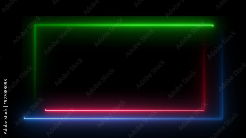 Blue, green and red neon rectangle frame. Neon rectangle border. Seamless loop. Blue, green and red neon rectangle frame. Neon rectangle border. Seamless loop.