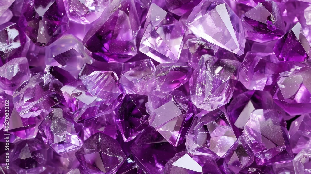 A close-up view of a cluster of purple amethyst crystals, each with a unique shape and sparkle. A close-up view of a cluster of purple amethyst crystals, each with a unique shape and sparkle.